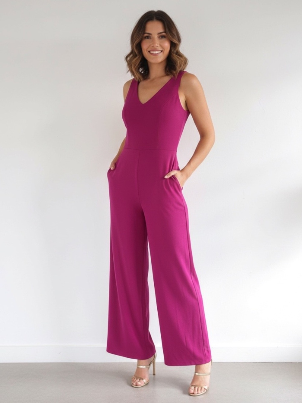 Crystal Sky Hot Pink V-Neck Wide Leg Sleeveless Jumpsuit